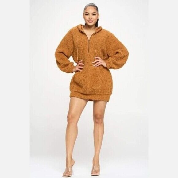 WOMENS Oversized Hoodies Sherpa Sweatshirt Fuzzy Fleece Pullover, Rust - Picture 1 of 9